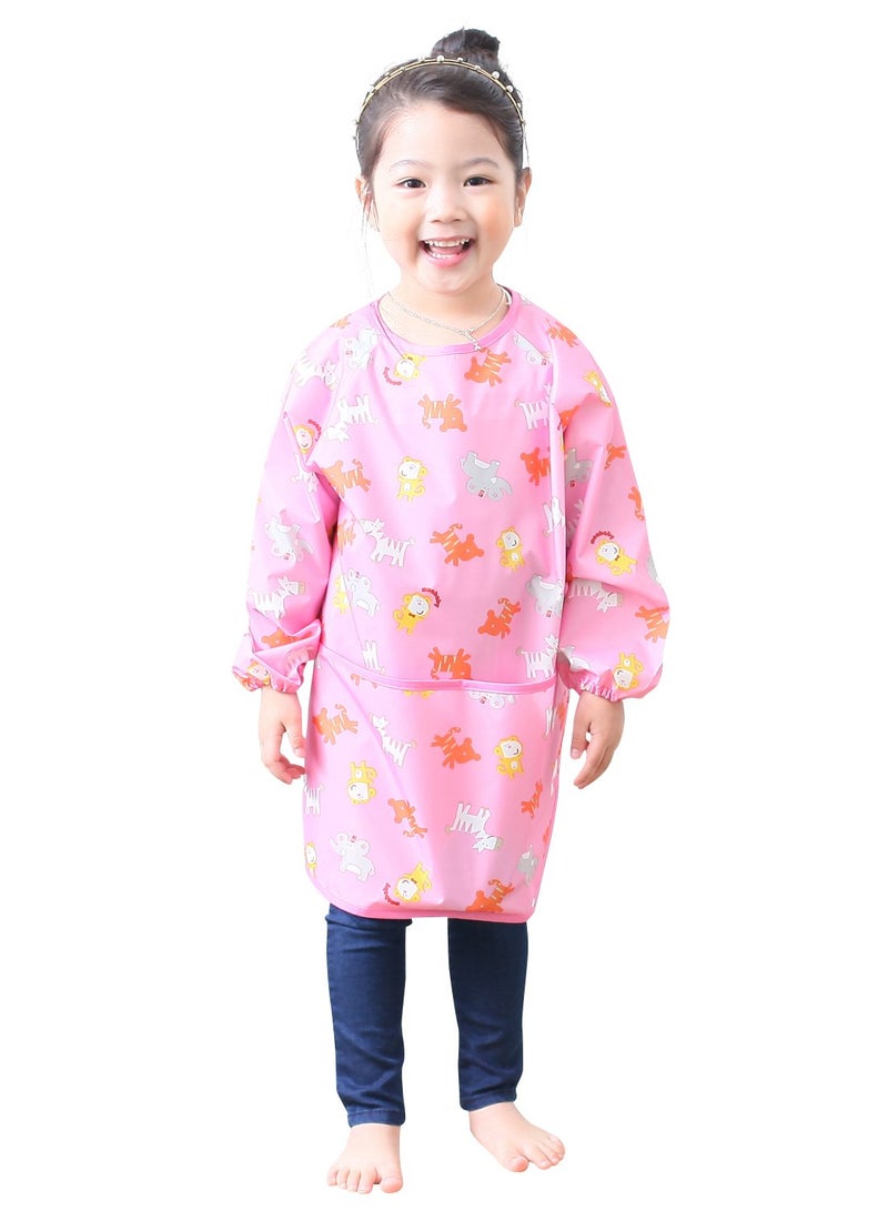 Plie Kids Painting Apron â€“ Waterproof Long Sleeve Art Smock for Toddlers & Preschoolers, Messy Play, Baking, Crafts, Cooking, Sensory Activities (Ages 1â€“10), Pink Animal (04-S) - Image 1
